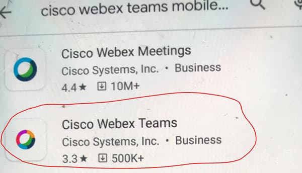 Screen shot showing Webex Teams app in list