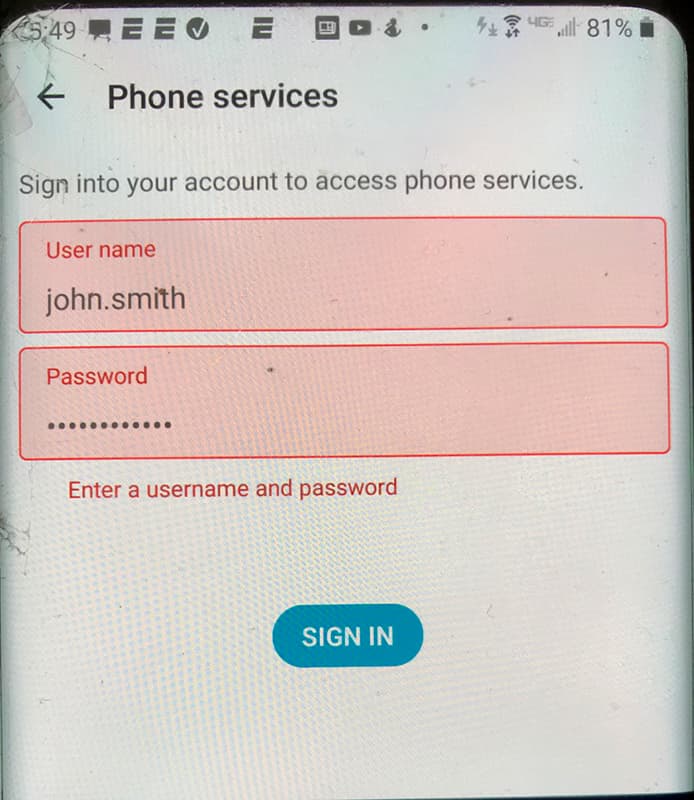 Screen shot showing Phone Services login fields for CSN account